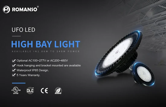 Romanso Industrial LED High Bay Light 100W 150W 200W 240W 300W 400W 500W UFO LED High Bay Light Iluminação LED UFO 3000-6000K para Armazém IP65 À Prova D' Água